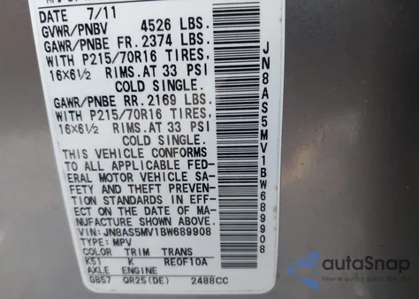 2011 Nissan Rogue S из США, поврежденный, VIN JN8AS5MV1BW689908